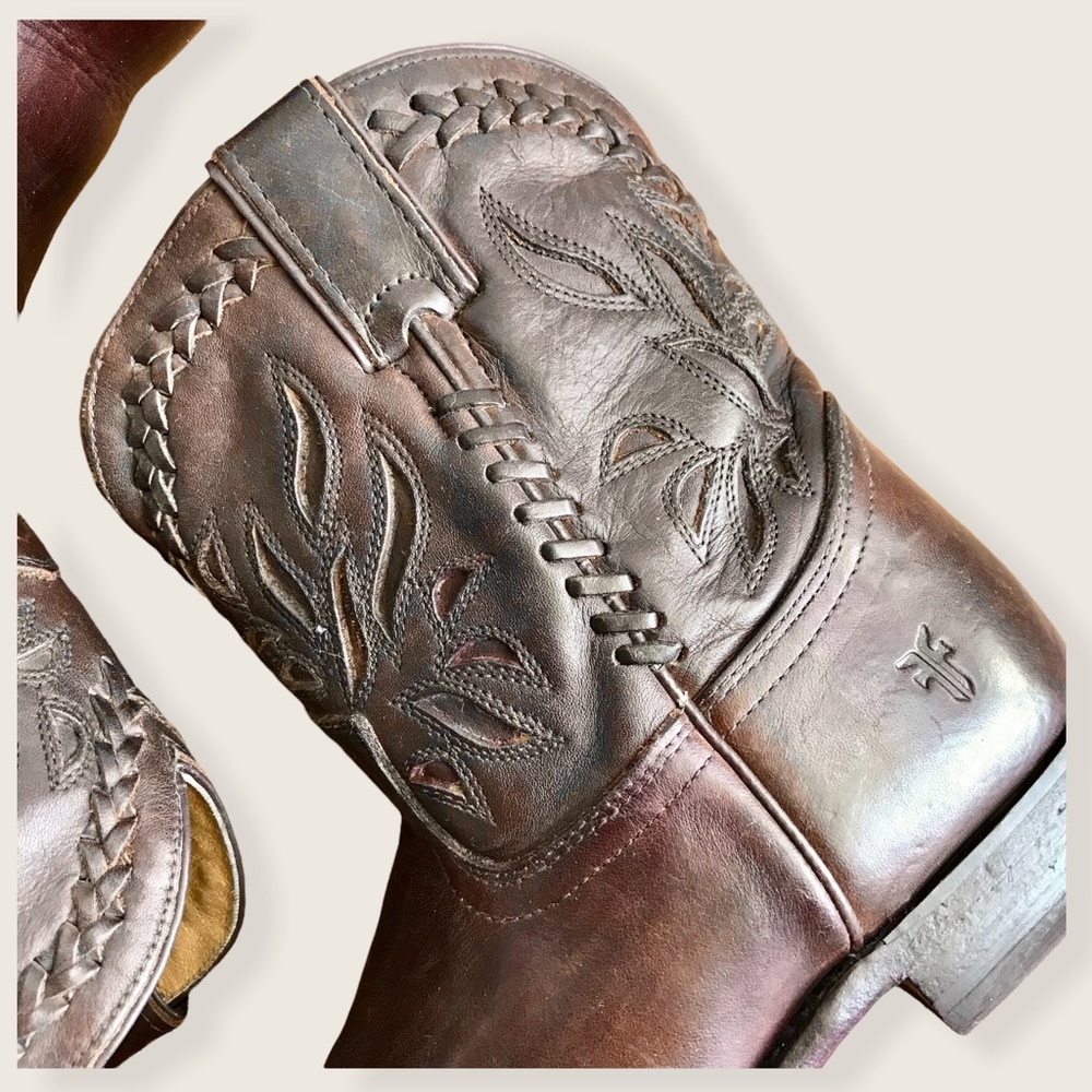 RARE Frye Wyatt Overlay Brown Leather Short Western/Southern Festival CowboyBoot - Picture 9 of 13